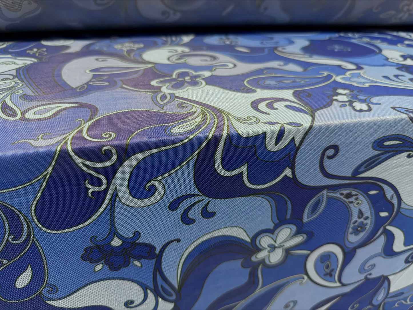 Power mesh net stretch spandex fabric, per metre - hippy swirl print - Royal & sky blue