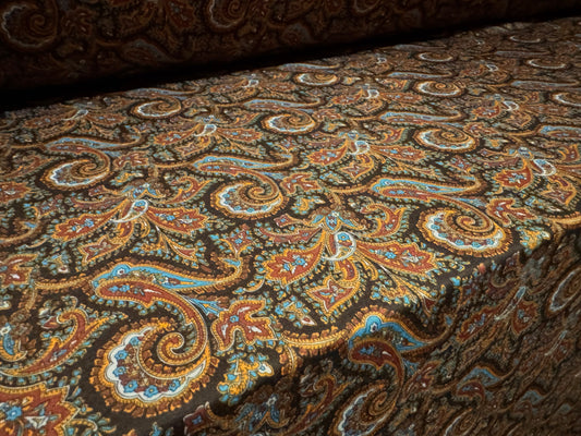 Soft handle single jersey fabric, per metre - paisley print - brown & blue
