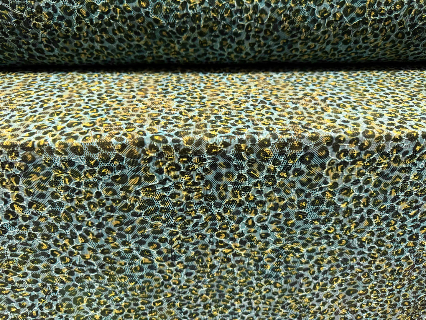 Stretch spandex lace fabric, per metre - leopard print - turquoise & gold