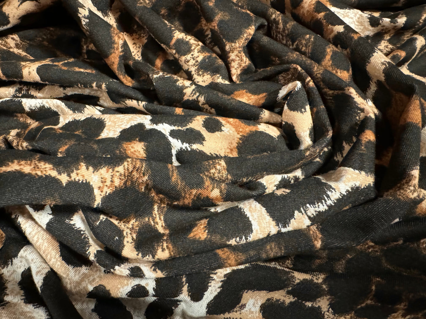 Viscose spandex stretch single jersey fabric, per metre - leopard animal print - cream & brown