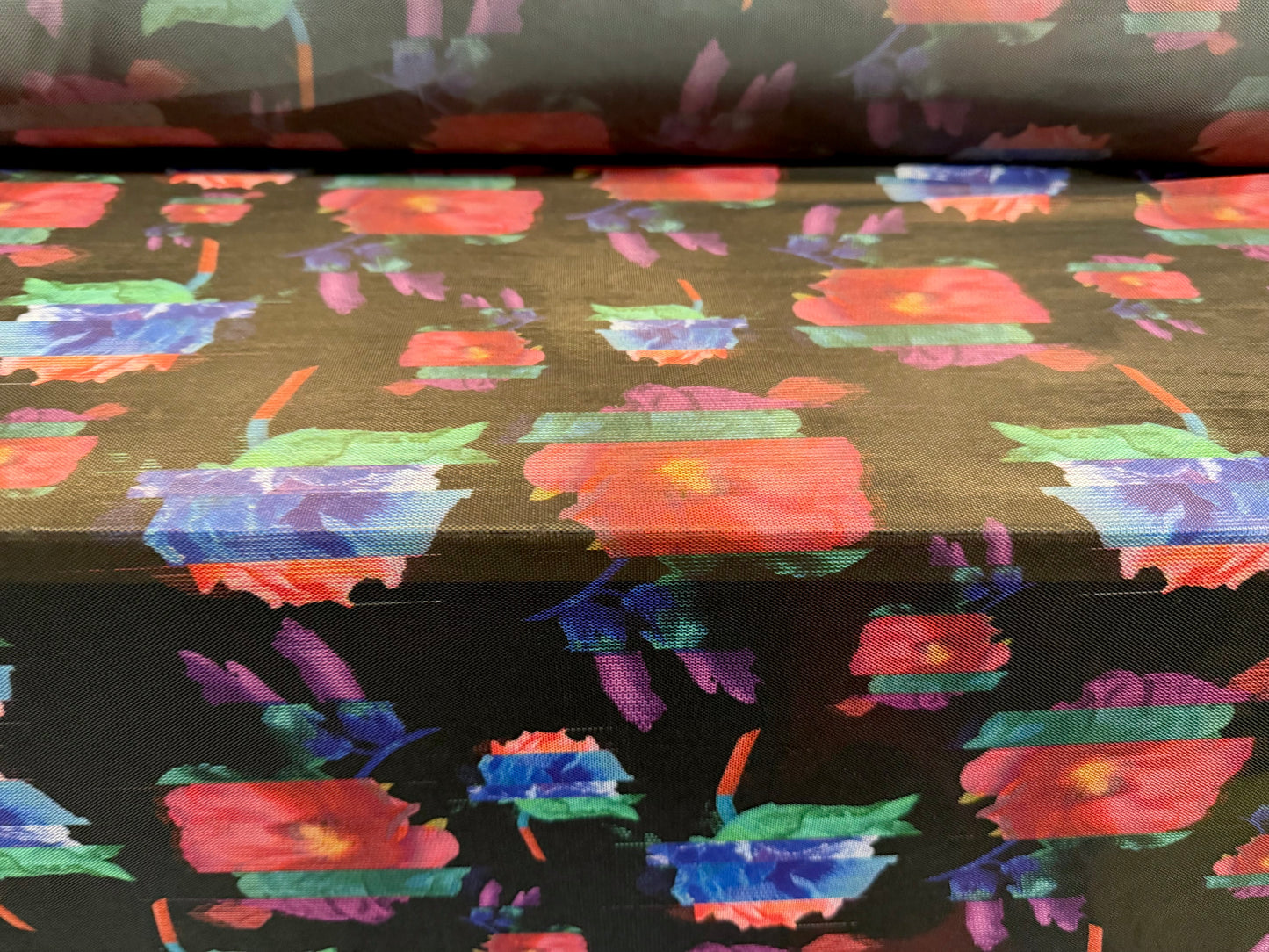 Power mesh net stretch spandex fabric, per metre - Pop Art Flower print - black red & blue