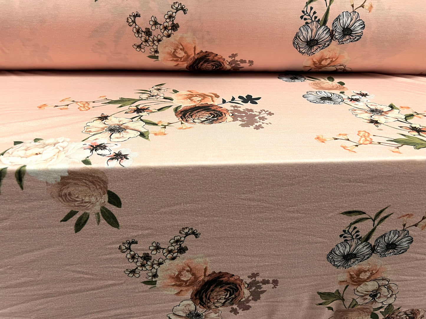 Soft handle stretch single jersey fabric, per metre - rose flower print - pale pink