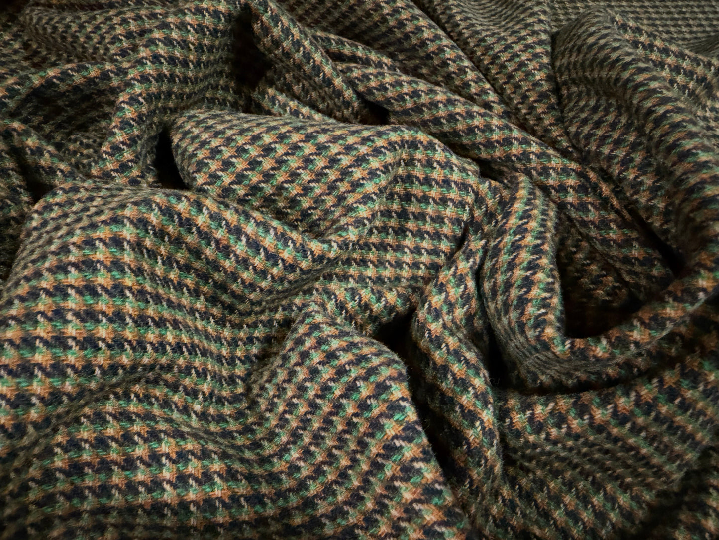 Wool tweed fabric, per metre - dogtooth - emerald navy & brown
