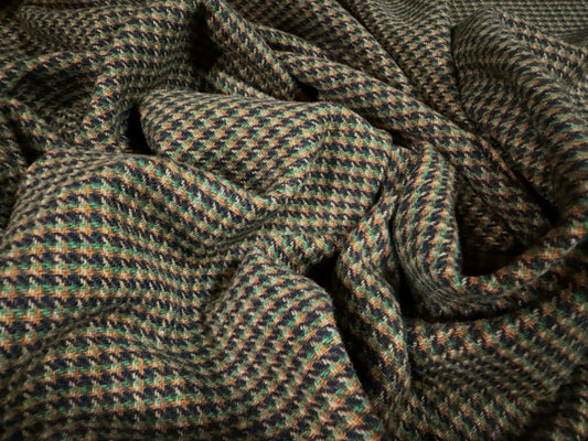 Wool tweed fabric, per metre - dogtooth - emerald navy & brown