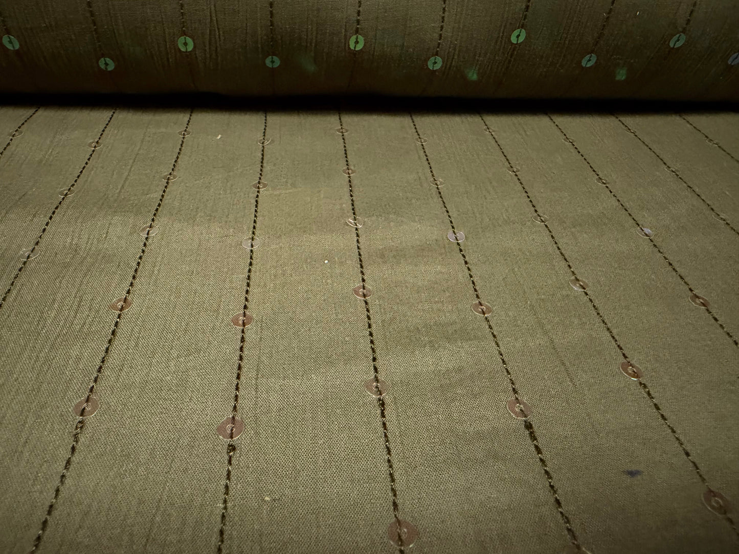 Lightweight cotton woven dress fabric, per metre - embroidered pinstripe with sequins - khaki