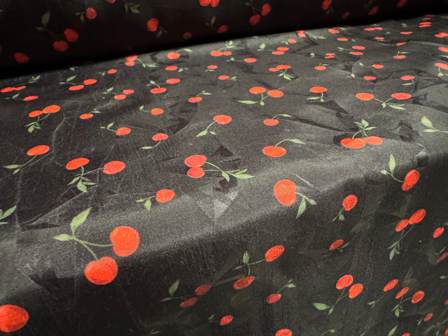 Taffeta faux silk fabric - pressed leaf jacquard with cherry print - black & red