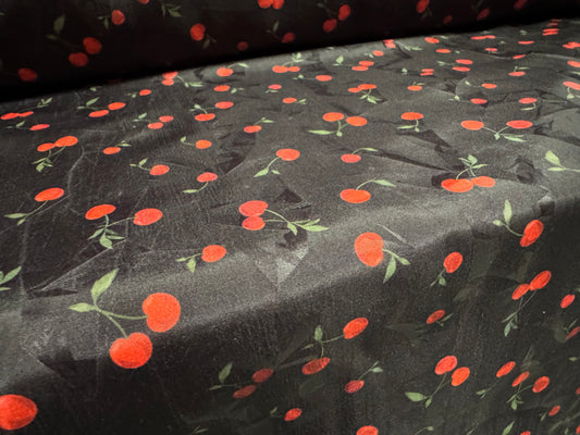 Taffeta faux silk fabric - pressed leaf jacquard with cherry print - black & red