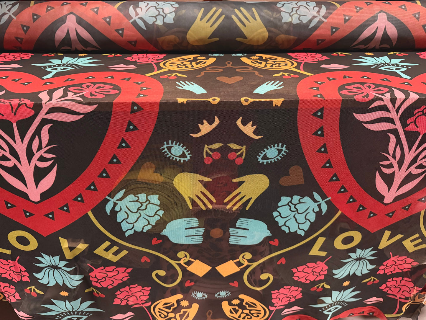 Power mesh net stretch spandex fabric, per metre - The Keys To Love print - multicolour