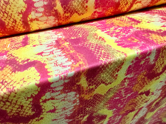 French Terry loopback sweatshirt jersey fabric, per metre - distressed snakeskin print - pink & yellow