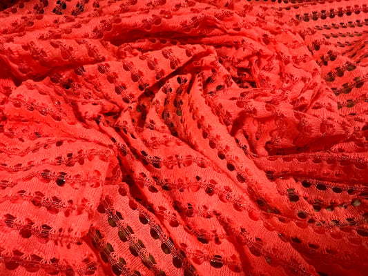 Metallic crochet knitwear jersey fabric, per metre - bright coral & silver