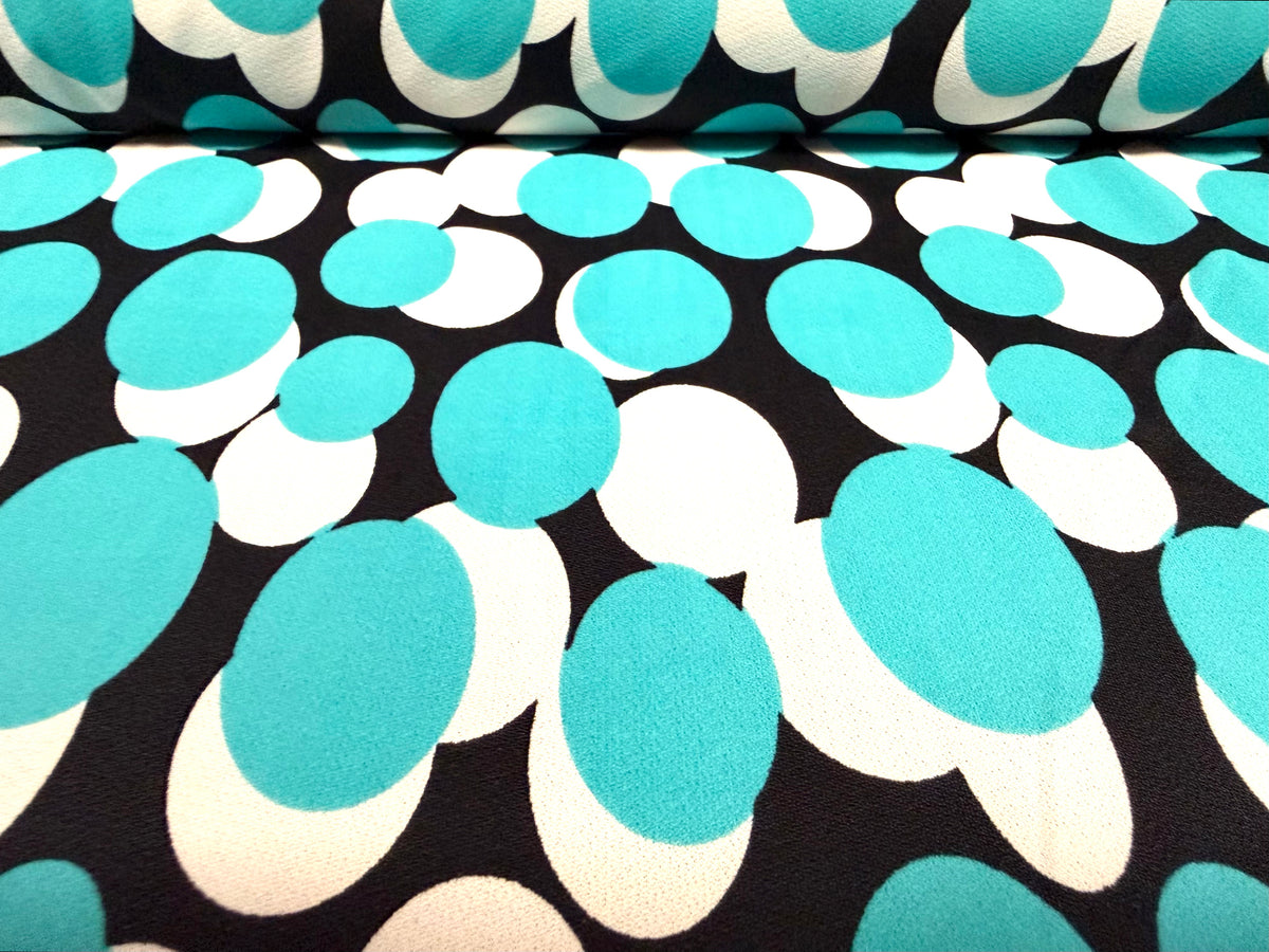 Stretch spandex crepe jersey fabric, per metre - retro circles print - turquoise black & white