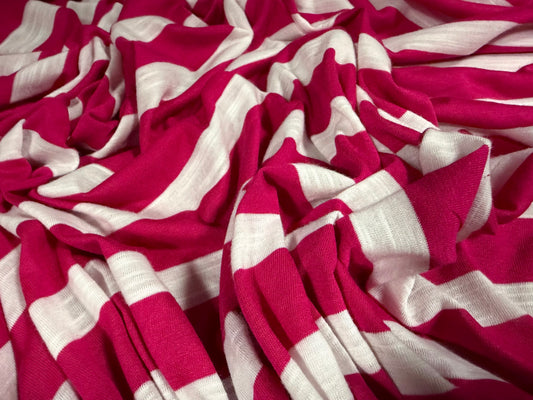 Soft handle single jersey fabric, per metre - slub stripe - fuchsia pink & white
