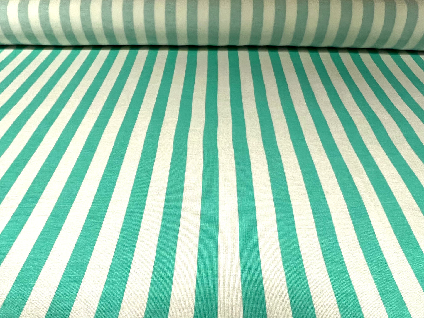 Viscose spandex stretch single jersey fabric, per metre - stripe - menthol & white