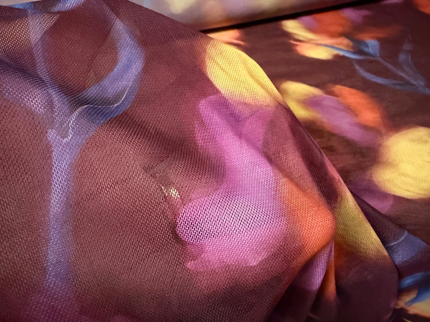 Power mesh net stretch spandex fabric, per metre - floral smudge print - plum