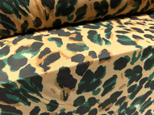 Power mesh net stretch spandex fabric, per metre - stylised animal print - beige & emerald green