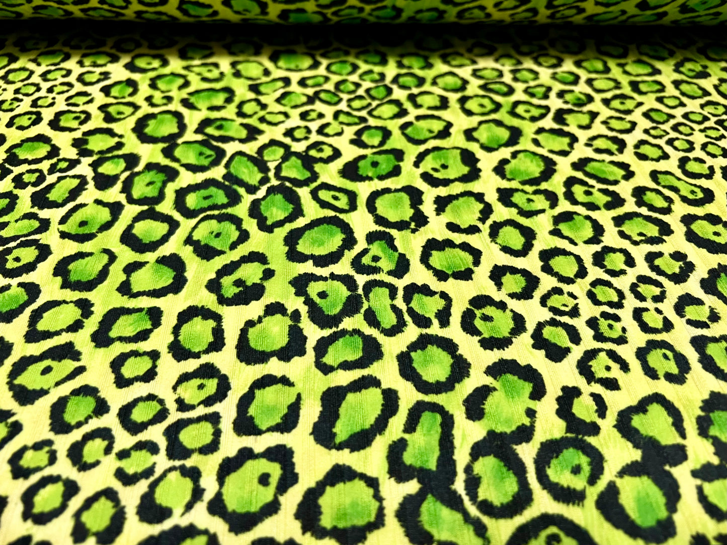 Stretch spandex rib jersey fabric, per metre - cheetah animal print - bright green