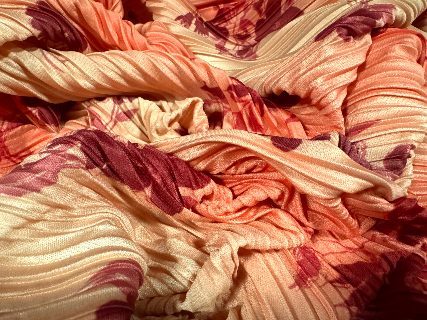 Stretch plissé pleated dress fabric, per metre - floral ombré print - burgundy & pink