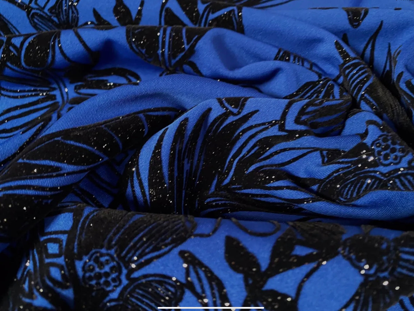 Stretch spandex double jersey fabric, per metre - jungle leaf print with glitter sparkle - royal blue & black