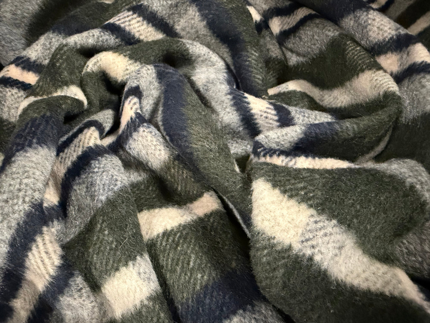 Heavyweight wool flannel fabric, per metre - plaid check - olive green & navy blue