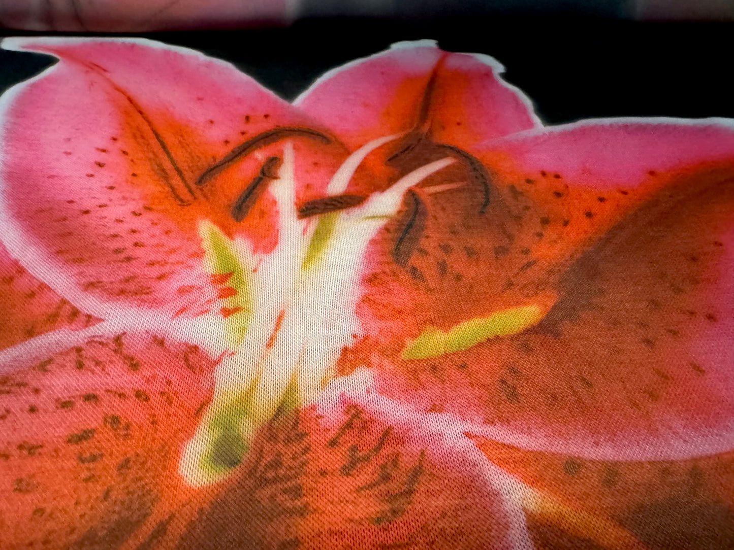 Power mesh net stretch spandex fabric, per metre - stargazer lily print - black & cerise pink