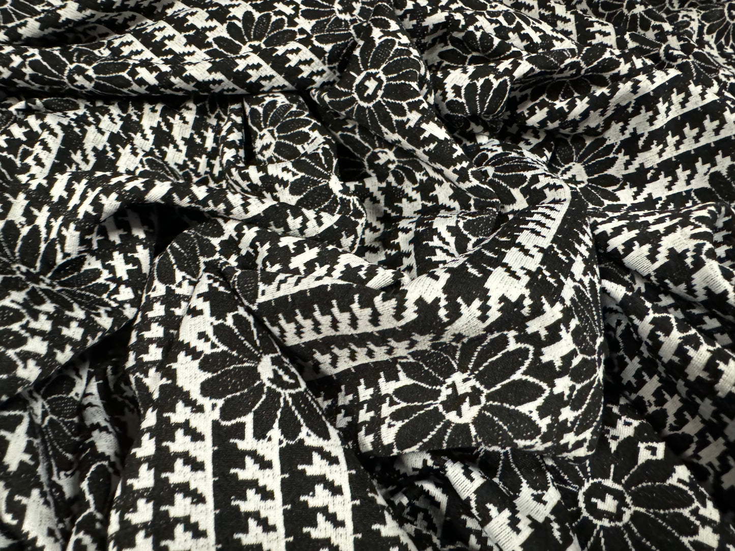 Double jersey stretch spandex dress fabric, per metre - daisy check jacquard - black & white