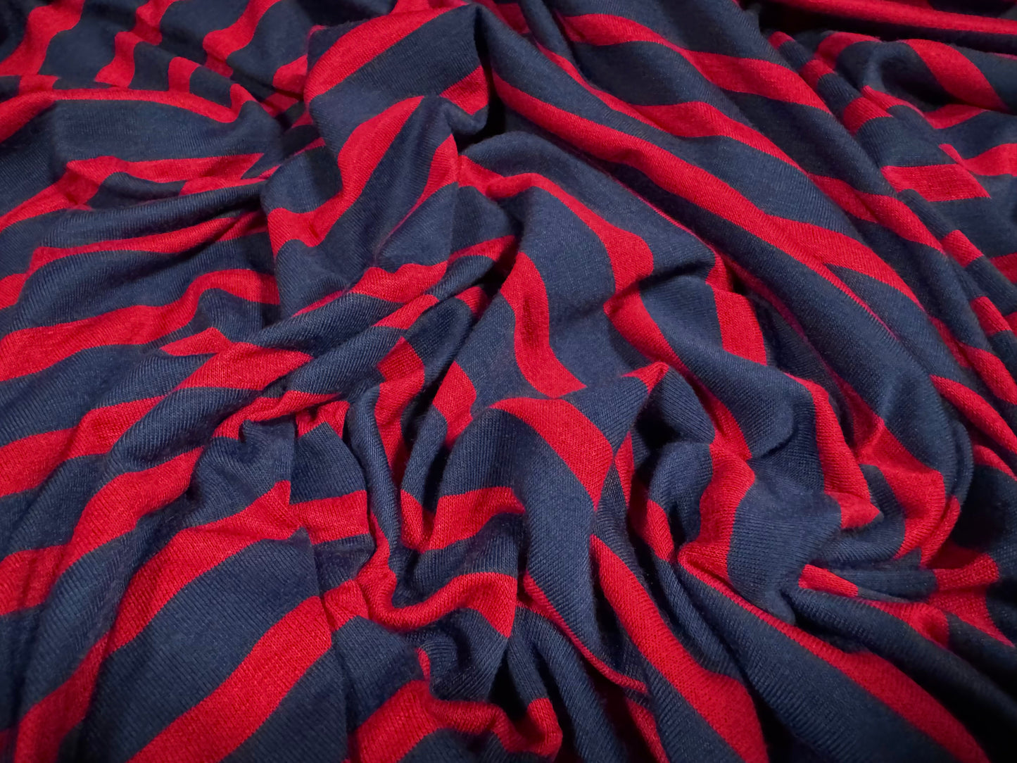 Viscose spandex stretch single jersey fabric, per metre - stripe - navy blue & red