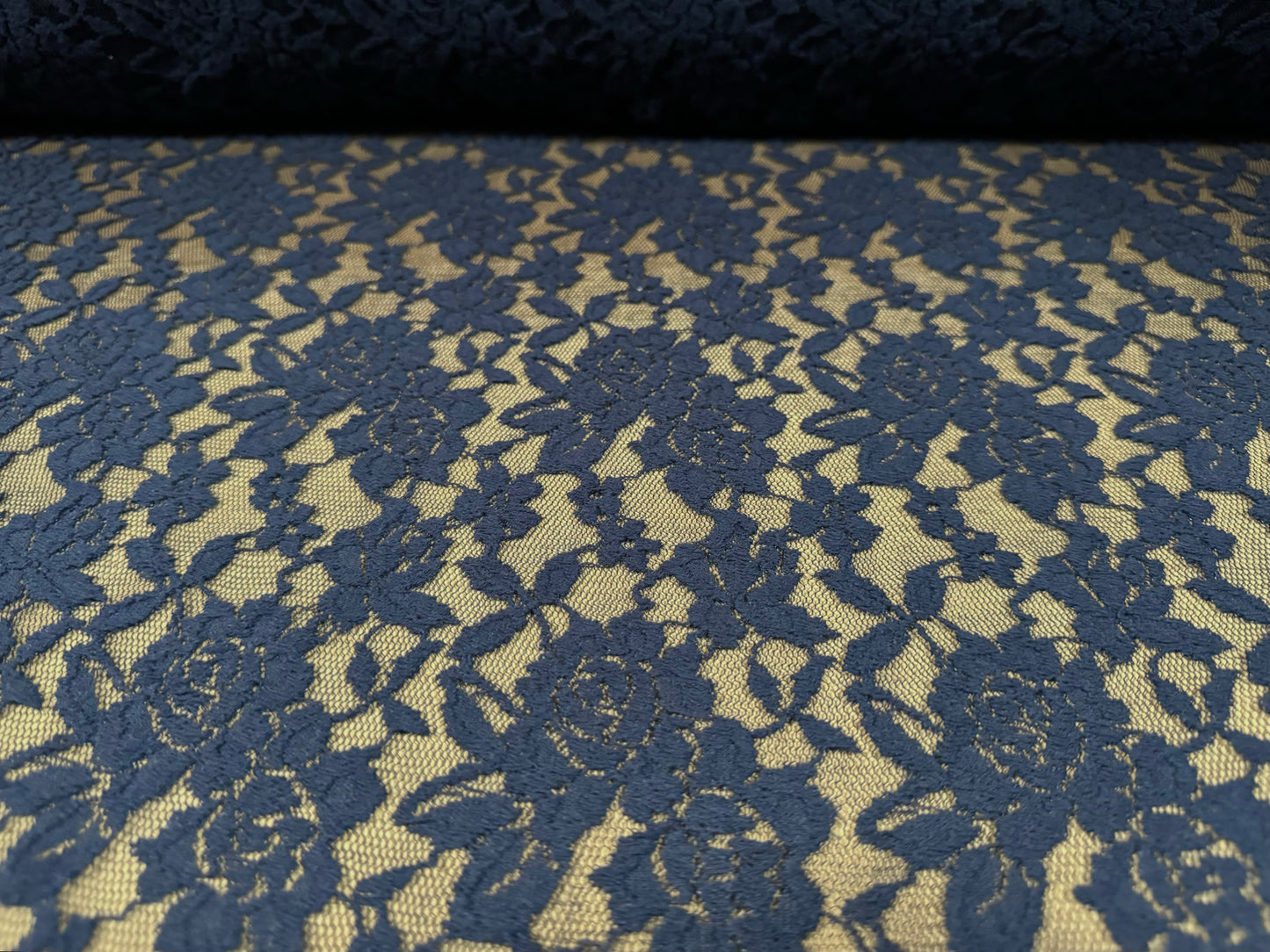 Stretch cotton spandex lace fabric with decorative selvedge, per metre - floral - navy blue