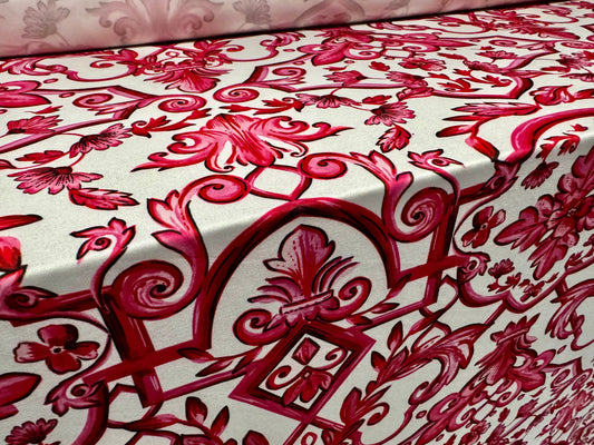 ITY stretch spandex single jersey fabric, per metre - fleur de lys print - cerise pink