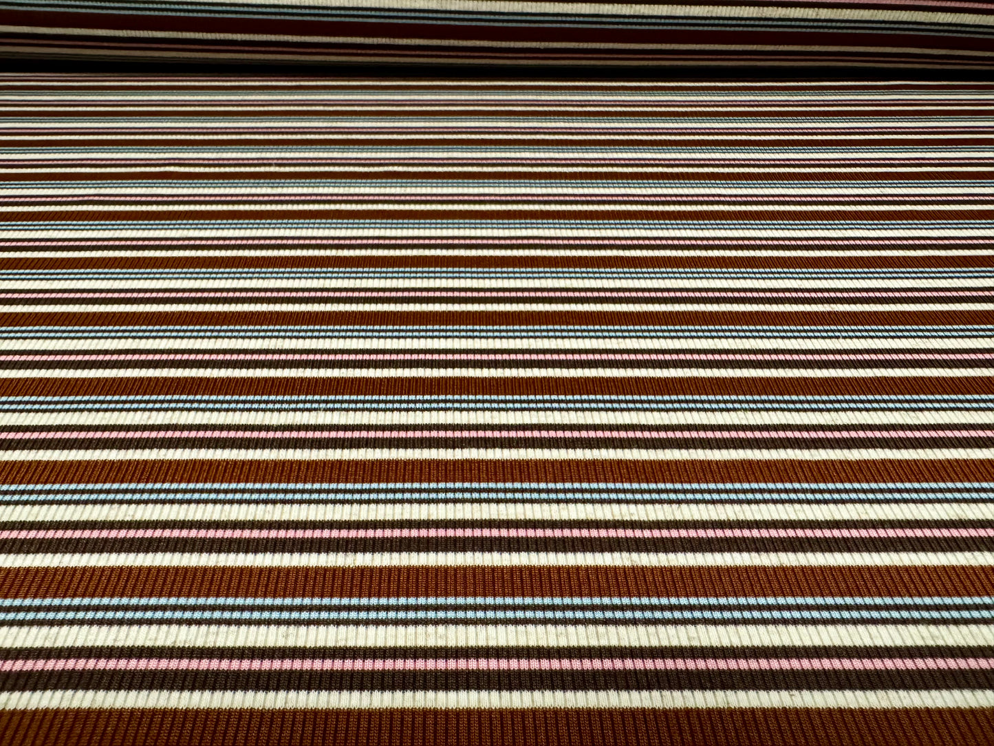 Stretch Spandex rib jersey fabric, per metre - stripe - chestnut cream & blue