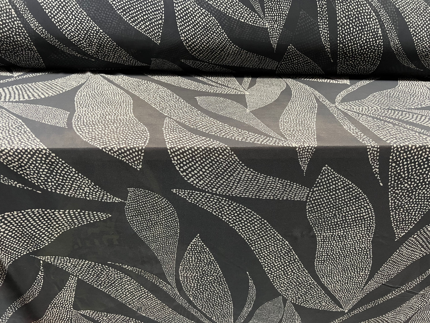 Power mesh net sheer stretch spandex fabric, per metre - stylised leaf print - grey