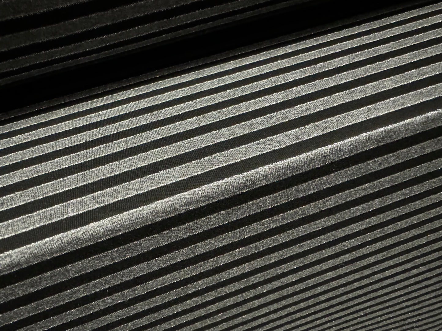 Metallic viscose spandex stretch single jersey fabric, per metre - stripe - grey & black with silver lurex