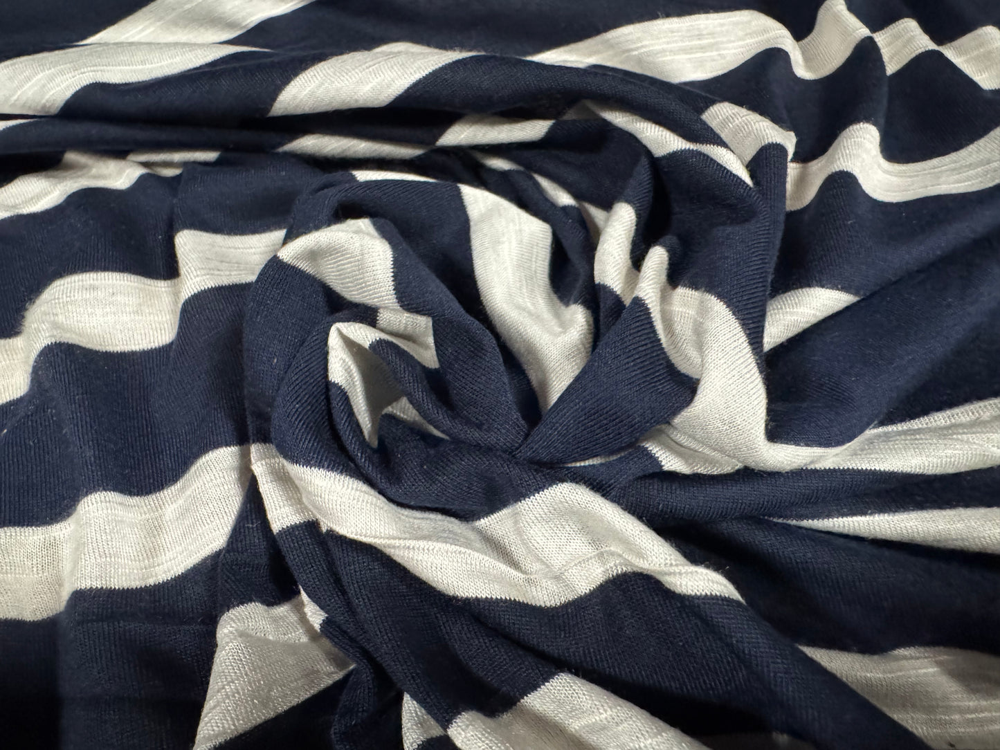 Soft handle single jersey fabric, per metre - slub stripe - navy blue & white