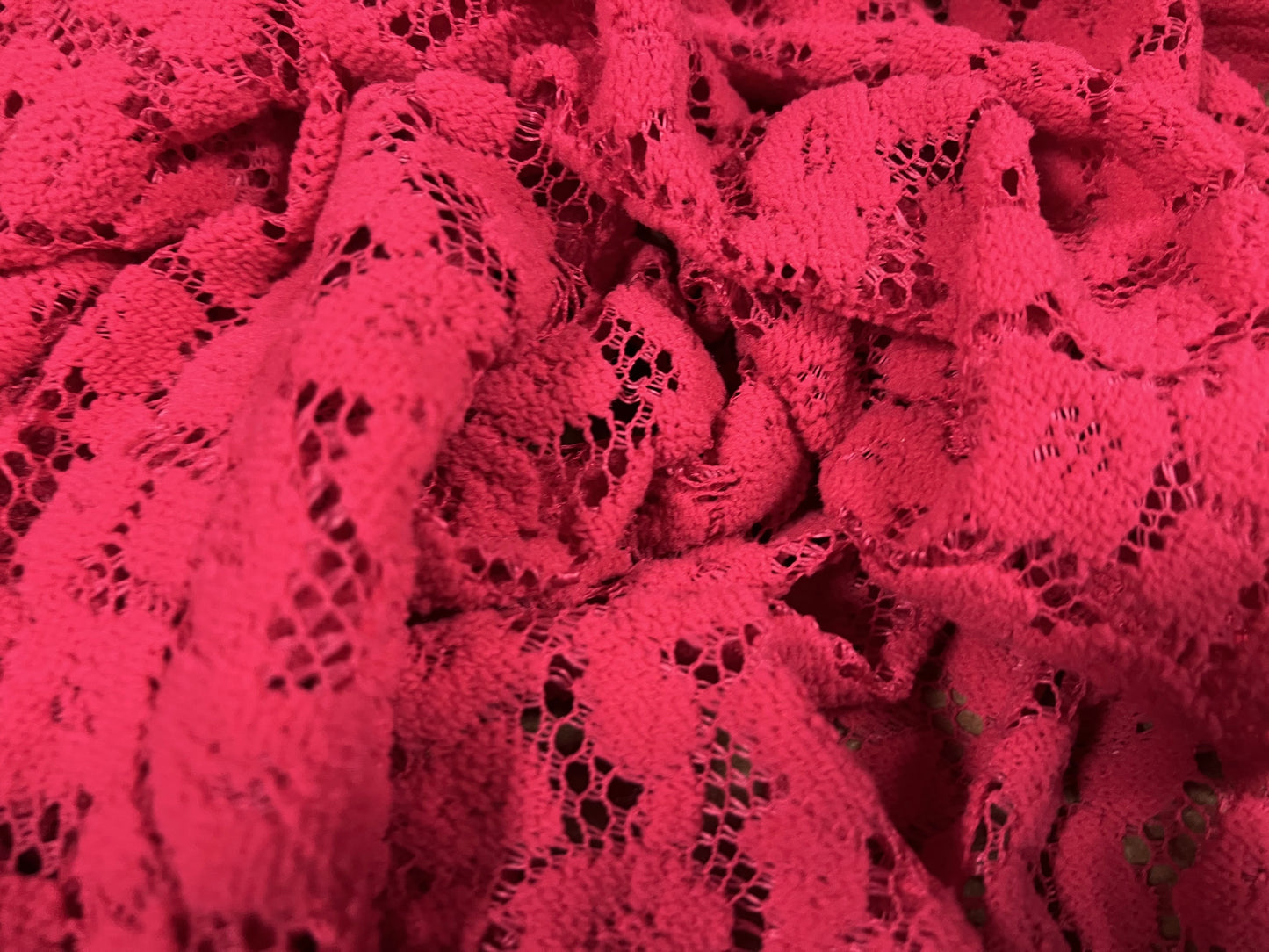 Flocked crochet lace fabric, per metre - flower design - cerise