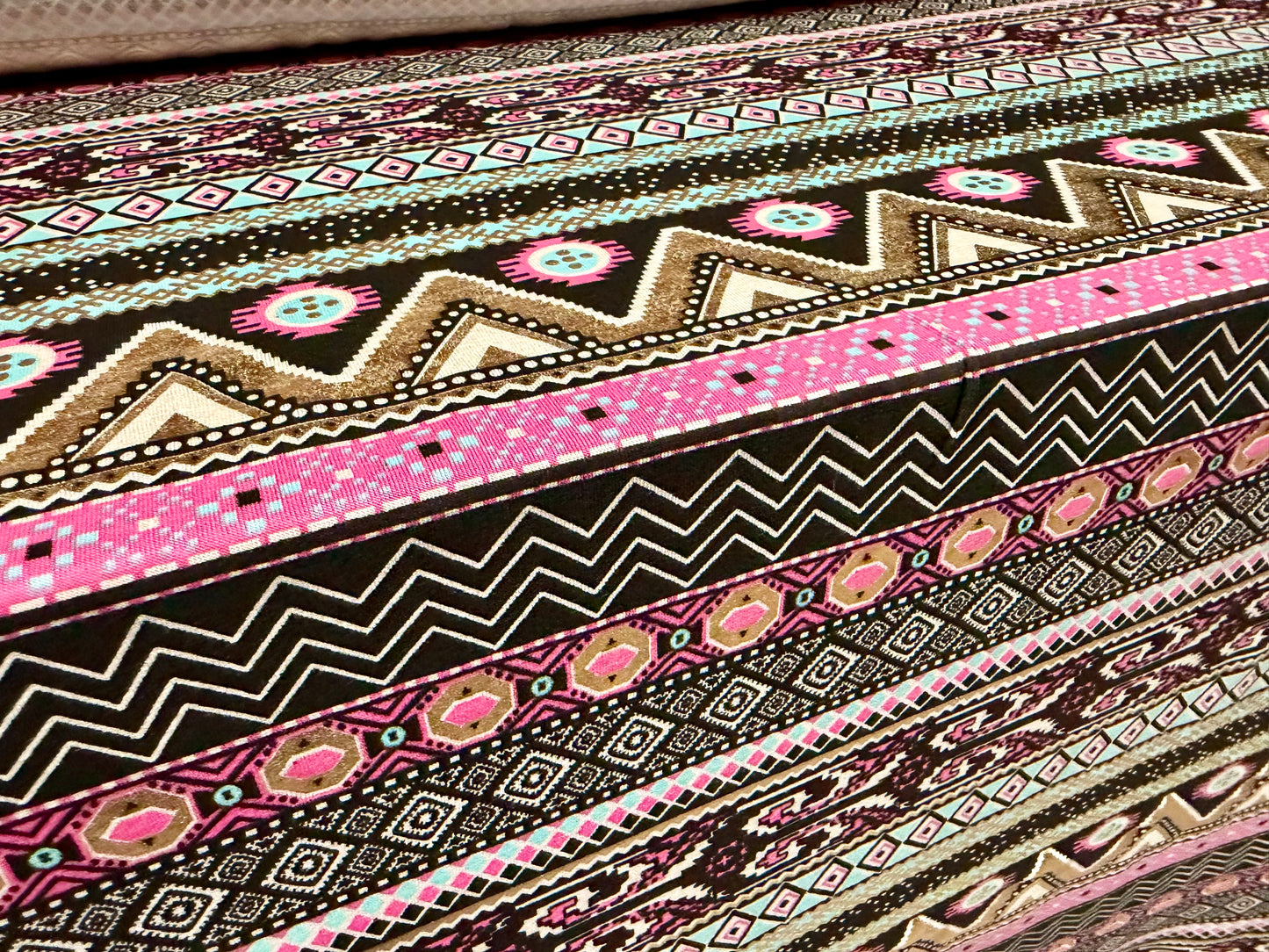 Metallic viscose spandex stretch single jersey fabric, per metre - aztec stripe print - black turquoise & gold