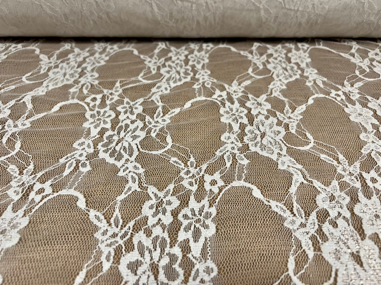 Stretch spandex mesh lace net fabric, per metre - floral - ivory