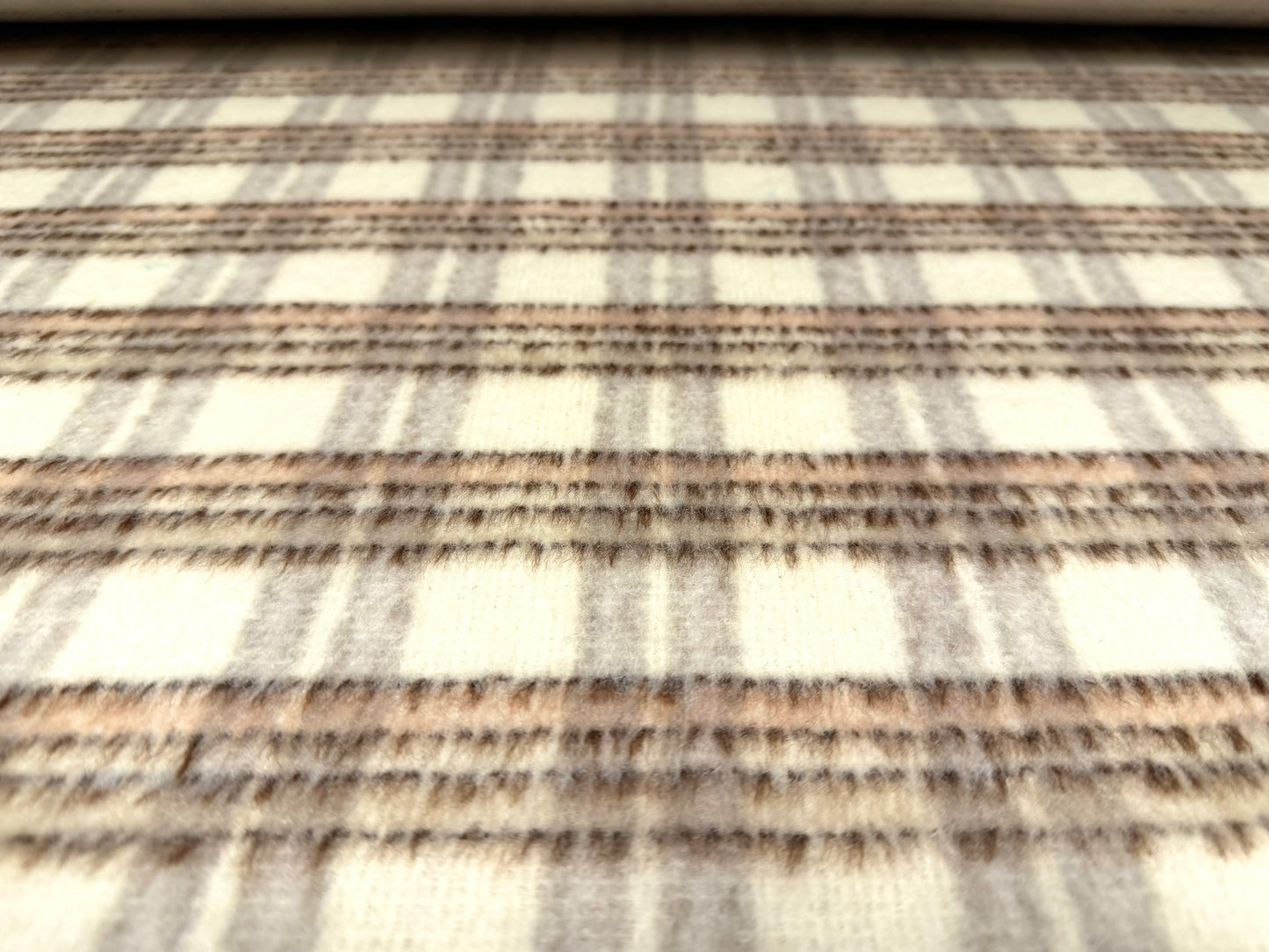 Wool faux fur fabric, per metre - check - cream & pink