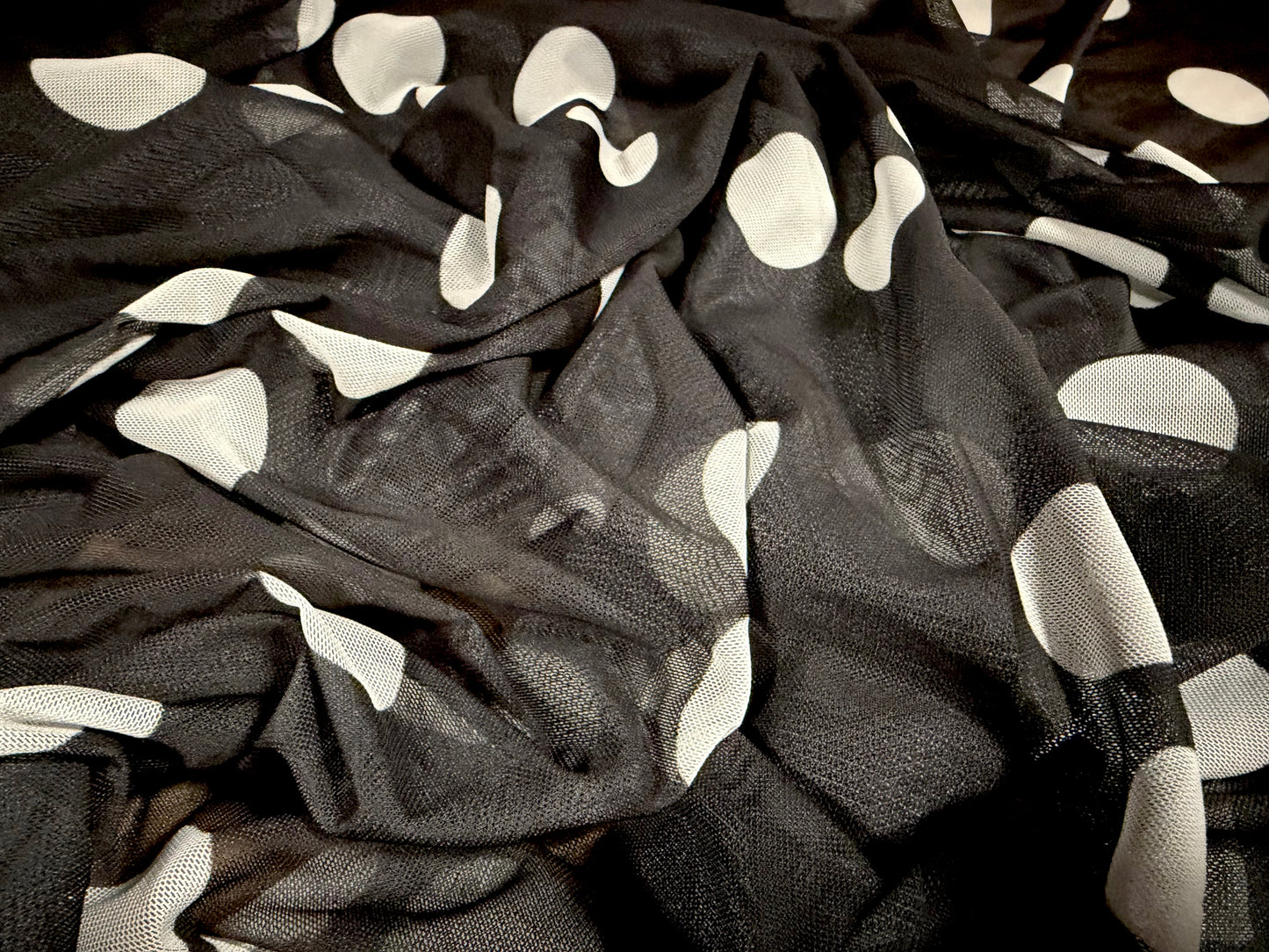 Power mesh net stretch spandex fabric, per metre - jumbo spots print - black & white