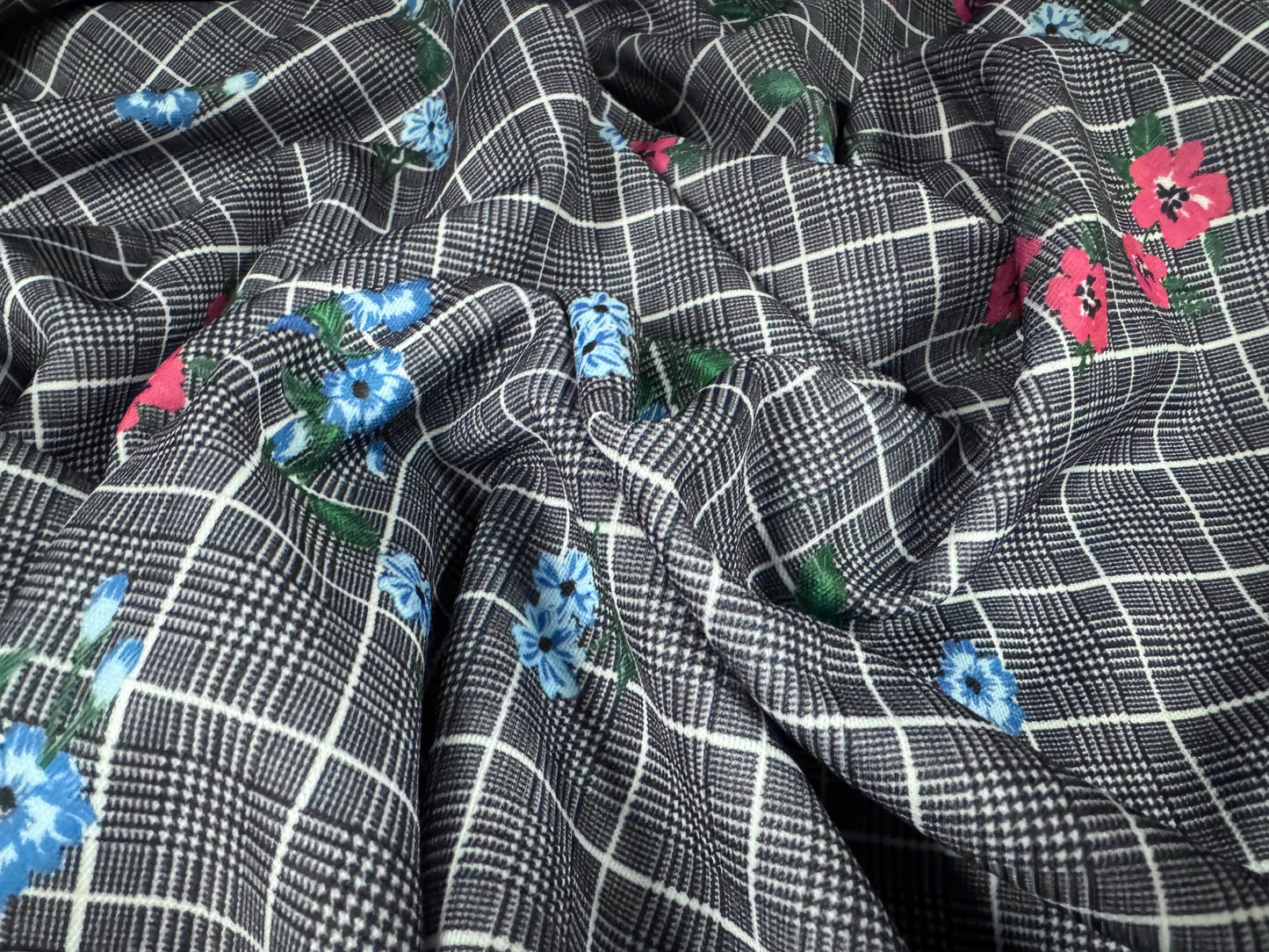 Double jersey upholstery fabric, per metre - floral check print - denim blue