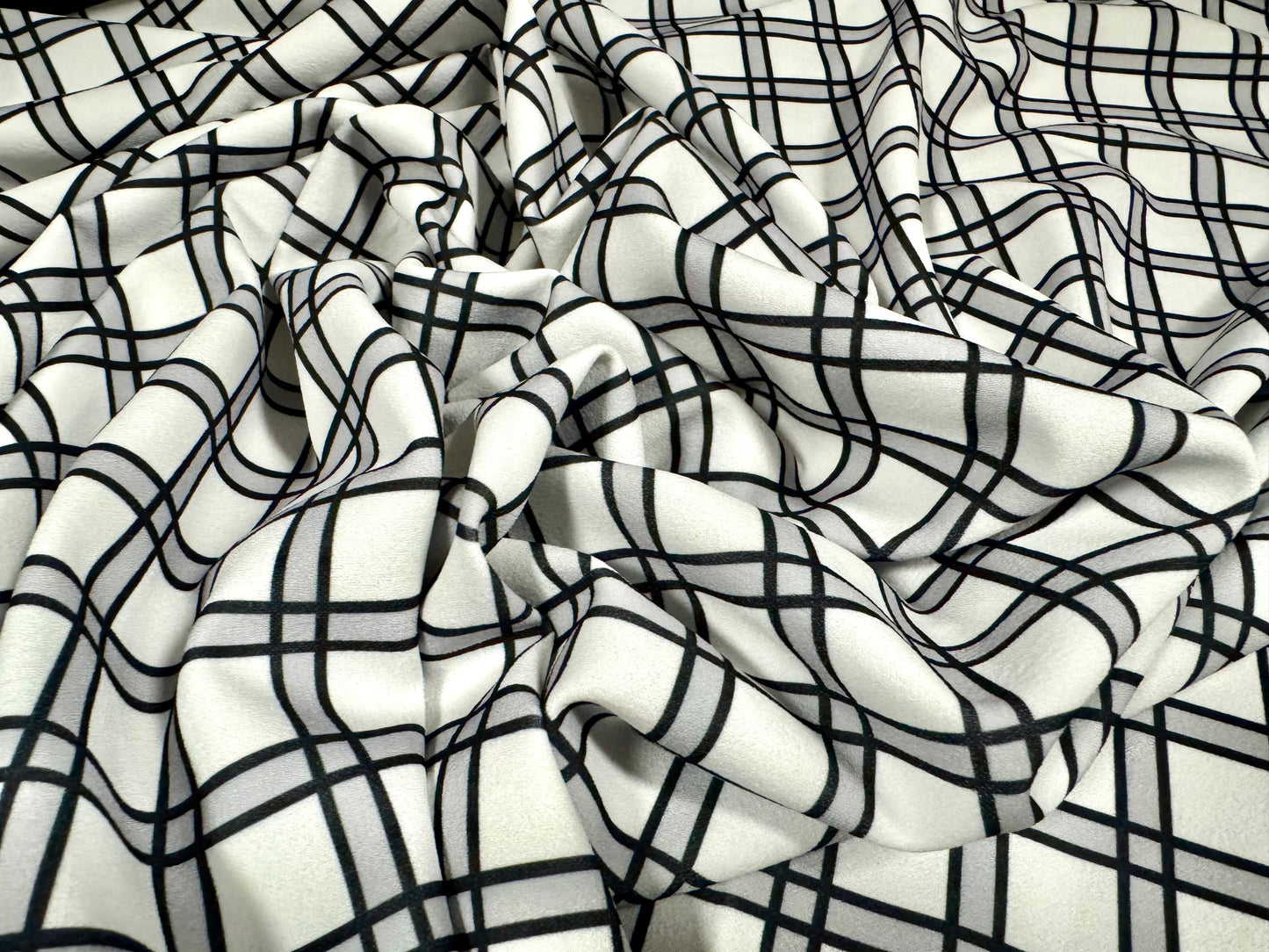 Scuba crepe stretch double jersey fabric, per metre - matrix check print - ivory & grey