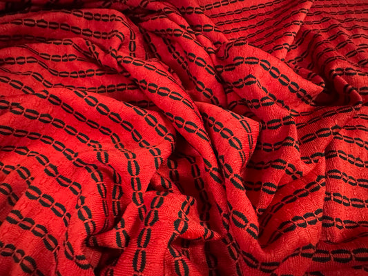 Jersey knit stretch spandex fabric, per metre - coffee bean stripe jacquard - red & black