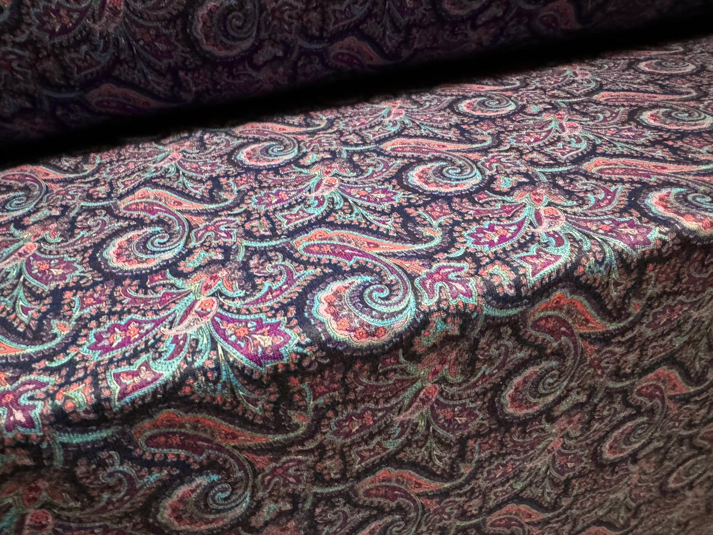 French Terry loopback sweatshirt jersey fabric, per metre - paisley print - navy blue & pink