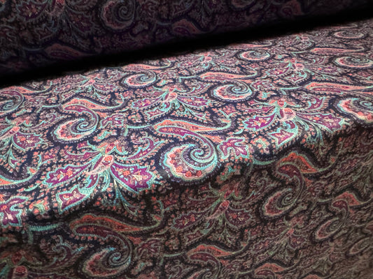 French Terry loopback sweatshirt jersey fabric, per metre - paisley print - navy blue & pink