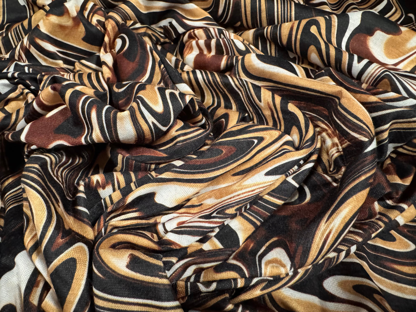 Soft handle single jersey fashion fabric, per metre - 60s swirl print - brown & beige
