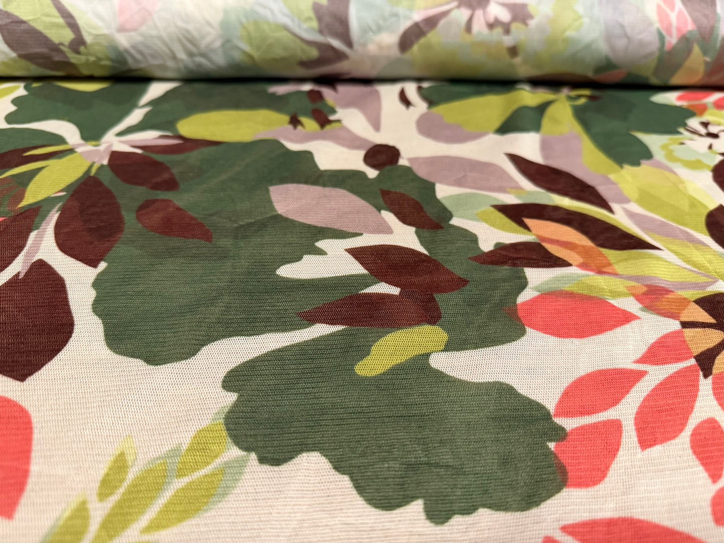 Crushed lightweight mesh fabric, per metre - jungle flower print - green