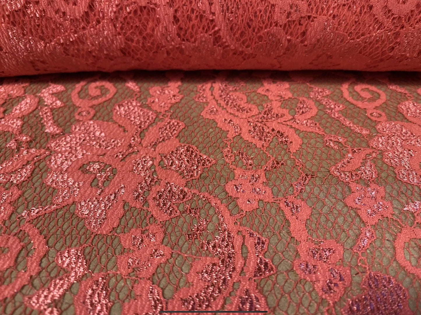 Stretch floral lace dress fabric, per metre - scalloped selvedge - coral