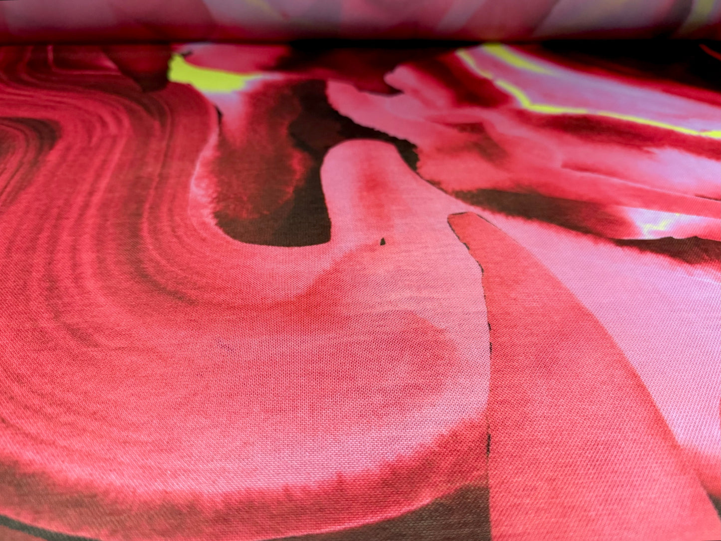 Power mesh net stretch spandex fabric, per metre - brush stroke lily print - cerise & lime