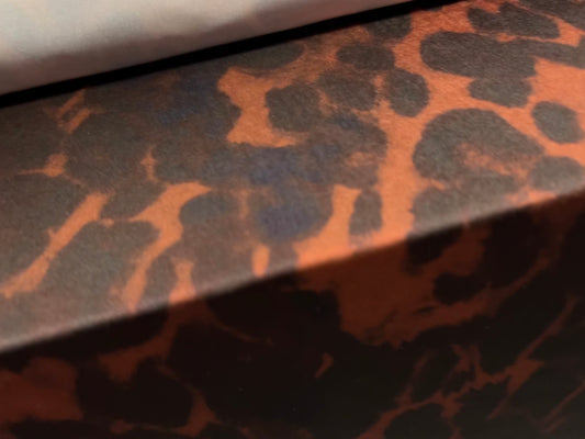 Disco shimmer stretch jersey fabric, per metre - hyena animal print - chestnut brown, navy blue & black