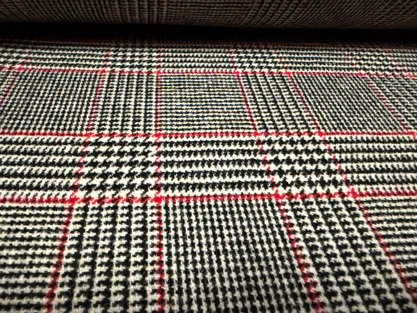 Heavyweight wool flannel coat jacket fabric, per metre - dogtooth check - black red & white