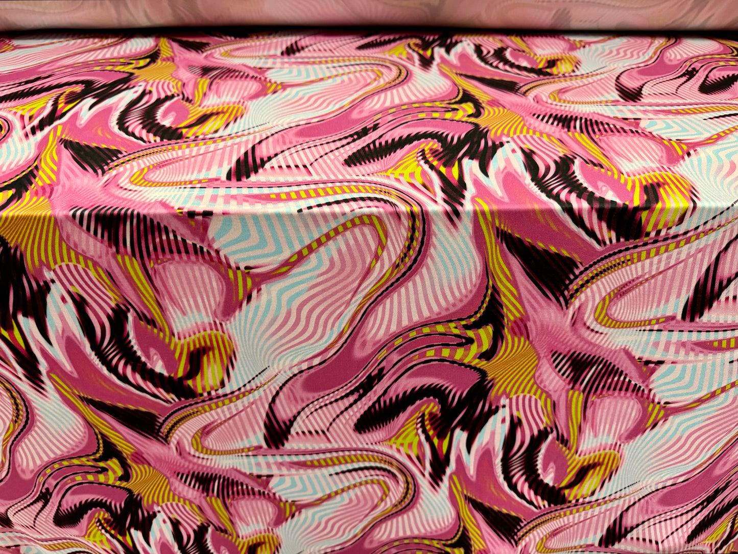 ITY stretch spandex single jersey fabric, per metre - abstract swirl print - hot pink & gold