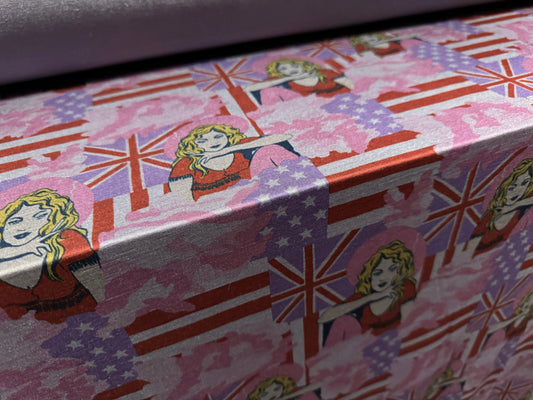 Finely textured stretch single jersey fabric, per metre - Stars, Stripes & Union Jack print - lilac & red